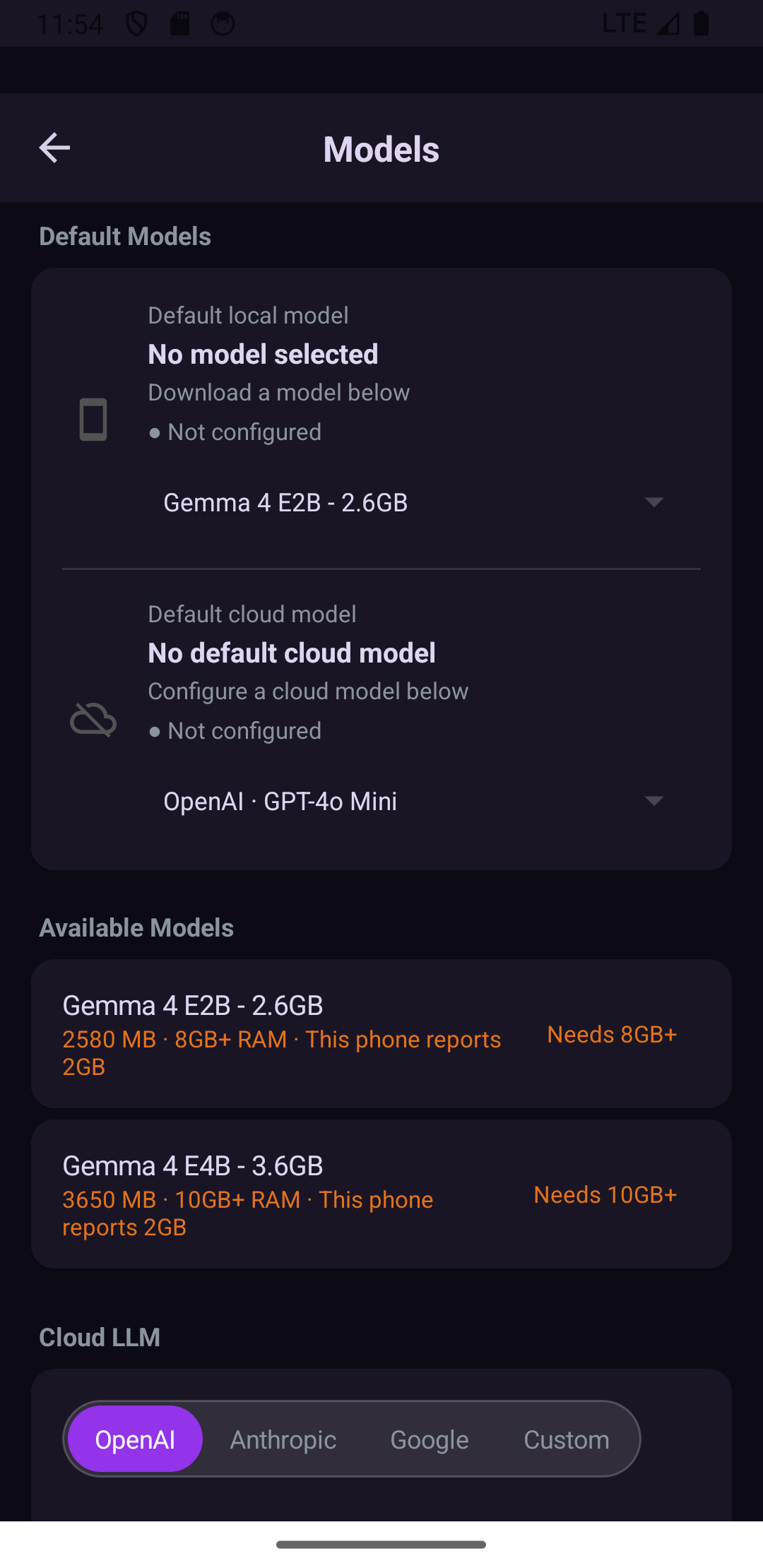 OpenFlap model settings screen